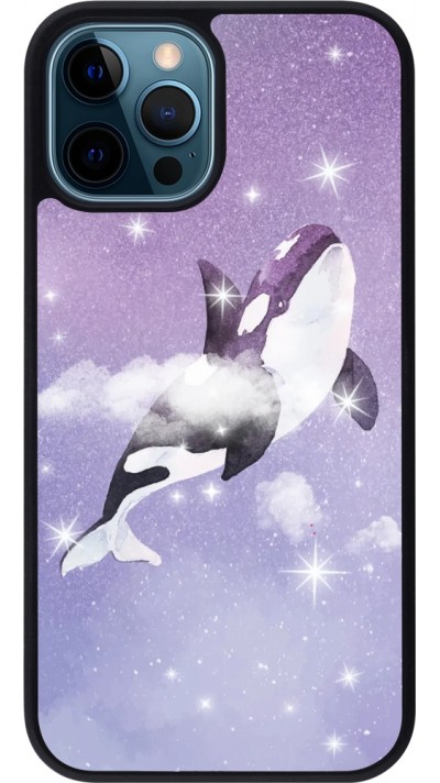 Coque iPhone 12 / 12 Pro - Silicone rigide noir Whale in sparking stars