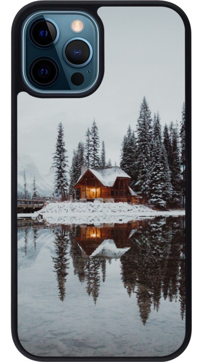 iPhone 12 / 12 Pro Case Hülle - Silikon schwarz Winter 25 Winter house forest afternoon