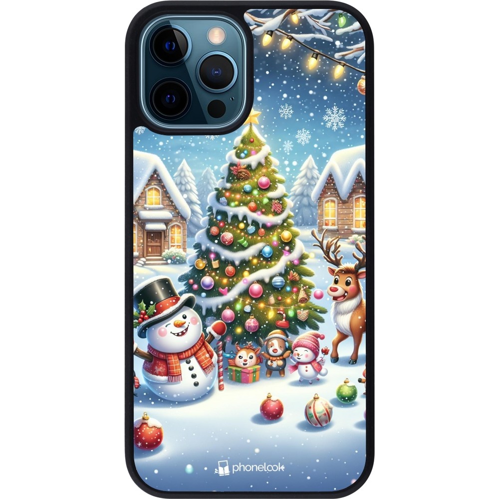 iPhone 12 / 12 Pro Case Hülle - Silikon schwarz Weihnachten 2023 Schneemann und Tannenbaum