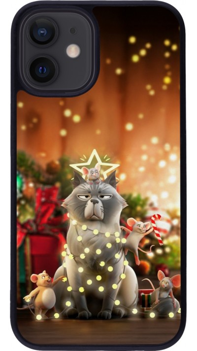 Coque iPhone 12 mini - Silicone rigide noir Christmas 25 Xmas Cat