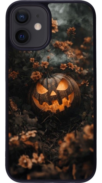iPhone 12 mini Case Hülle - Silikon schwarz Halloween 2025 Pumpkin with flowers