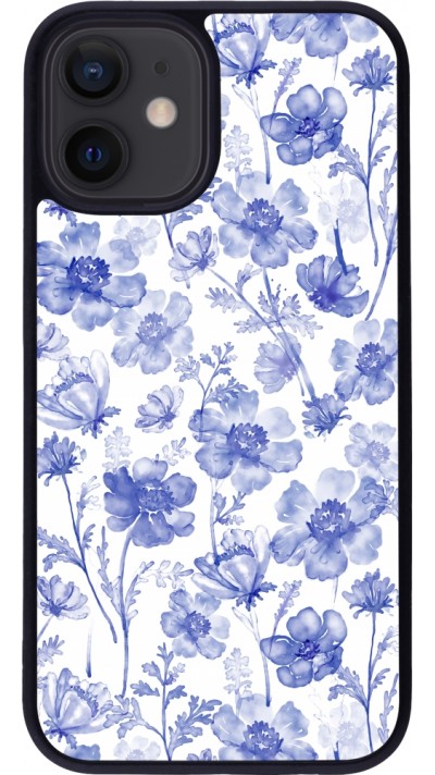 iPhone 12 mini Case Hülle - Silikon schwarz Spring 23 watercolor blue flowers