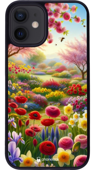 Coque iPhone 12 mini - Silicone rigide noir Spring 25 Bouquet printemps