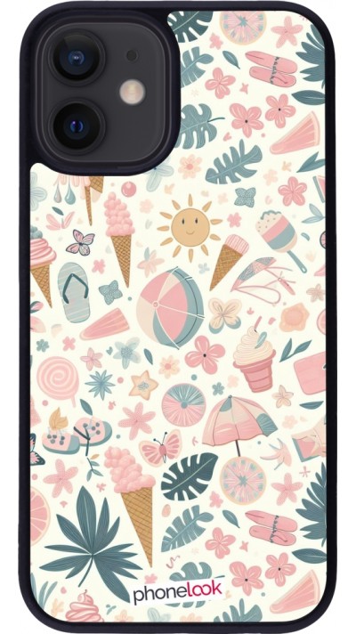 Coque iPhone 12 mini - Silicone rigide noir Summer Pink Pattern