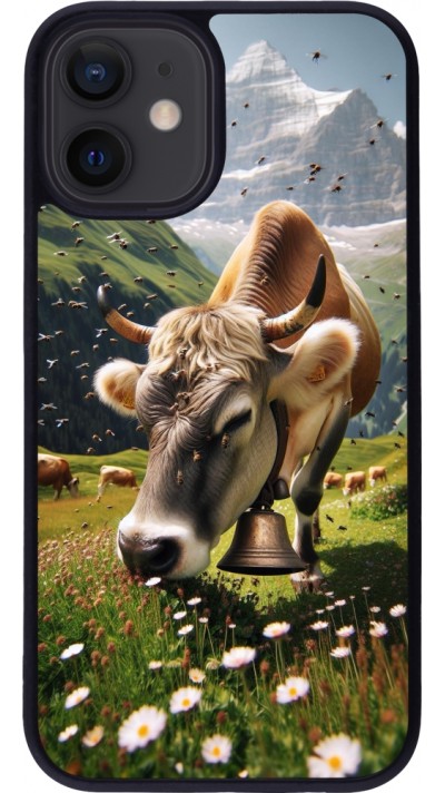 Coque iPhone 12 mini - Silicone rigide noir Vache montagne Valais