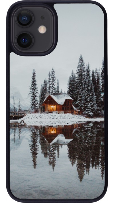 Coque iPhone 12 mini - Silicone rigide noir Winter 25 Winter house forest afternoon