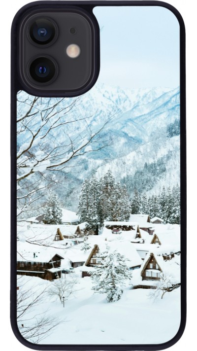 Coque iPhone 12 mini - Silicone rigide noir Winter 25 Winter snowy landscape