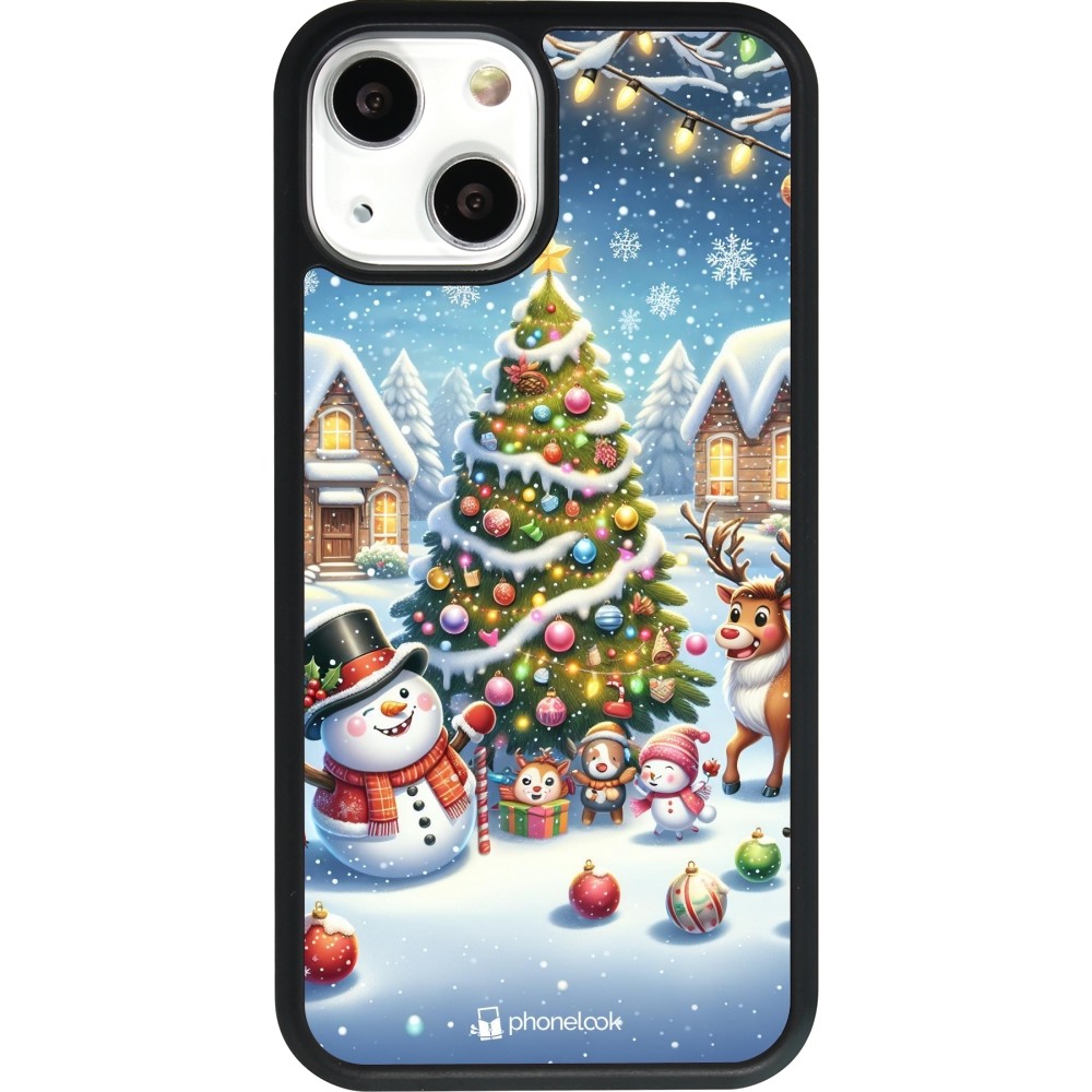 iPhone 13 mini Case Hülle - Silikon schwarz Weihnachten 2023 Schneemann und Tannenbaum