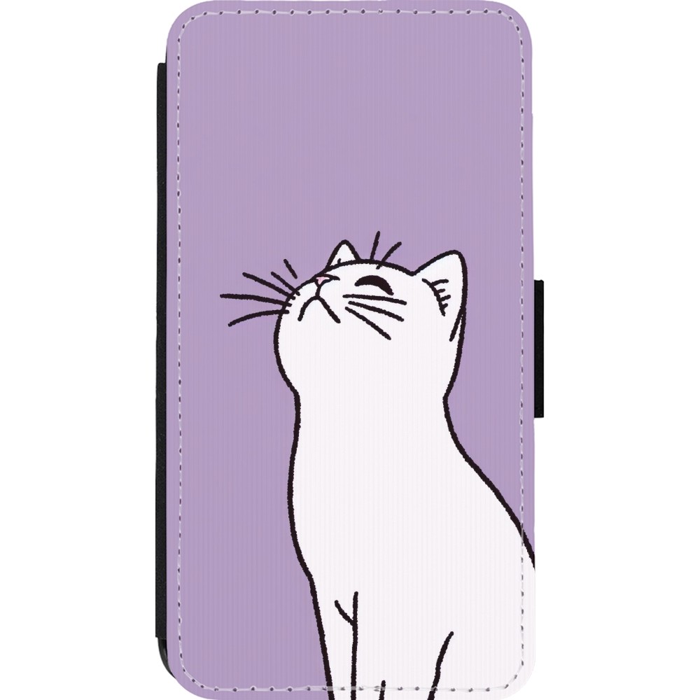 iPhone 13 mini Case Hülle - Wallet schwarz Chat auf lila Hintergrund