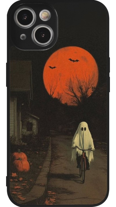 Coque iPhone 14 - Silicone rigide noir Halloween 2025 Ghost on a bicycle
