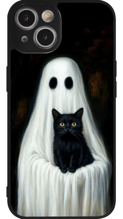 Coque iPhone 14 - Silicone rigide noir Halloween 2025 Ghost with black cat