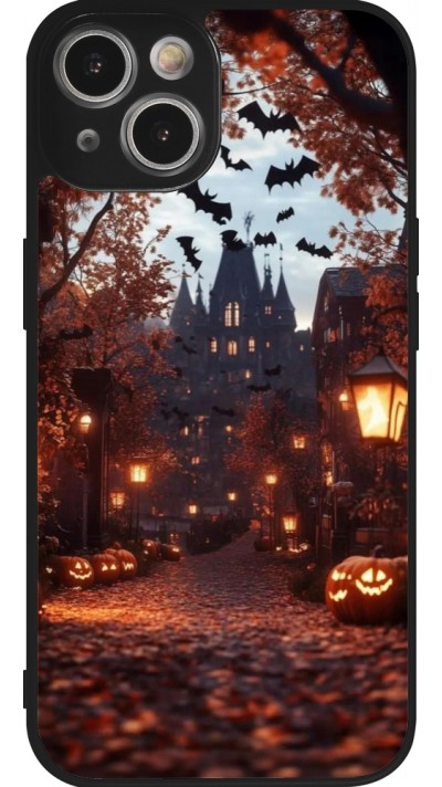 Coque iPhone 14 - Silicone rigide noir Halloween 2025 Haunted house