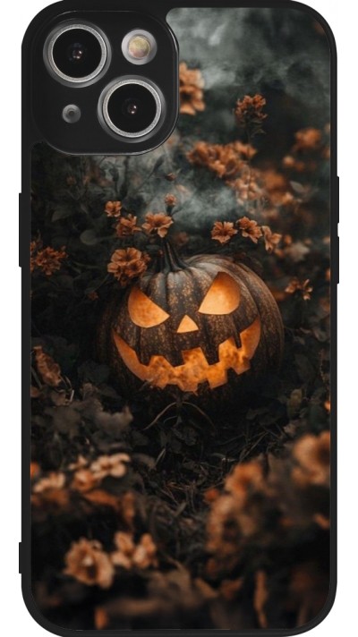 Coque iPhone 14 - Silicone rigide noir Halloween 2025 Pumpkin with flowers