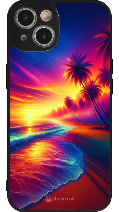 Coque iPhone 14 - Silicone rigide noir Plage coucher soleil flashy