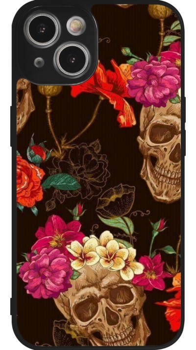 iPhone 14 Case Hülle - Silikon schwarz Skulls and flowers