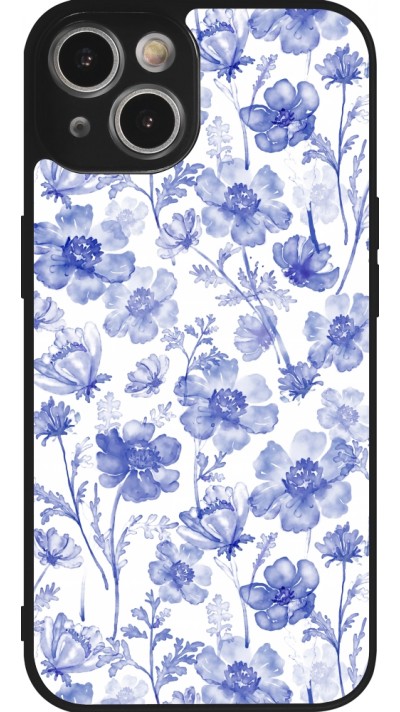 iPhone 14 Case Hülle - Silikon schwarz Spring 23 watercolor blue flowers