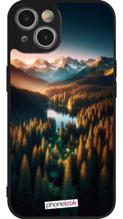iPhone 14 Case Hülle - Silikon schwarz Sonnenuntergang Waldsee