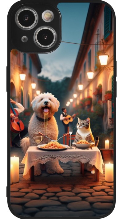 iPhone 14 Case Hülle - Silikon schwarz Valentin 2024 Hund & Katze Kerzenlicht