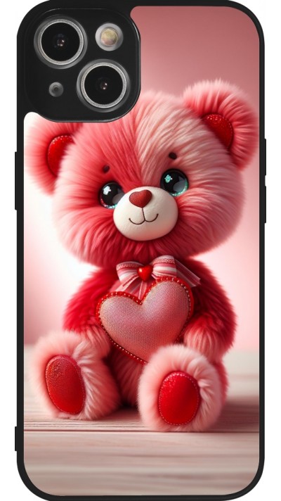 iPhone 14 Case Hülle - Silikon schwarz Valentin 2024 Rosaroter Teddybär