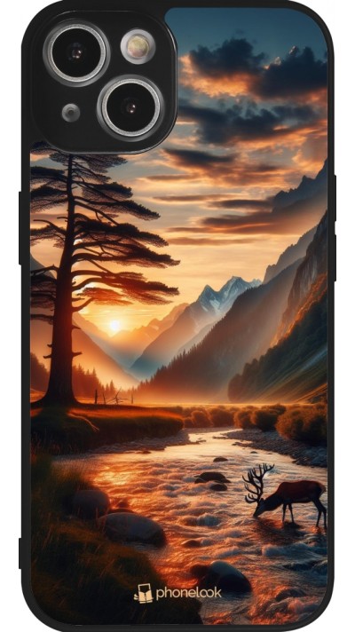 iPhone 14 Case Hülle - Silikon schwarz Tal Sonnenuntergang Hirsch Baum