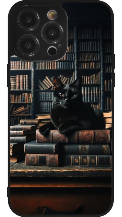 iPhone 14 Pro Max Case Hülle - Silikon schwarz Katze Bücher dunkel