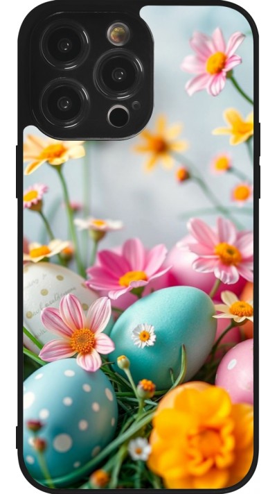 iPhone 14 Pro Max Case Hülle - Silikon schwarz Easter 2026 Eggs with flowers