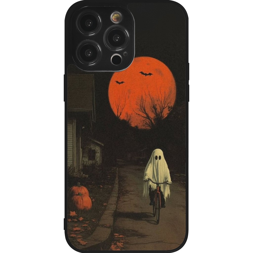 iPhone 14 Pro Max Case Hülle - Silikon schwarz Halloween 2025 Ghost on a bicycle