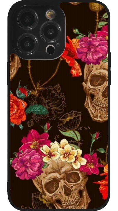 iPhone 14 Pro Max Case Hülle - Silikon schwarz Skulls and flowers