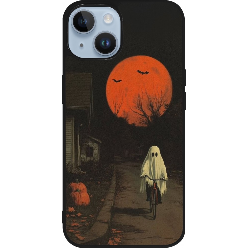 iPhone 15 Case Hülle - Silikon schwarz Halloween 2025 Ghost on a bicycle