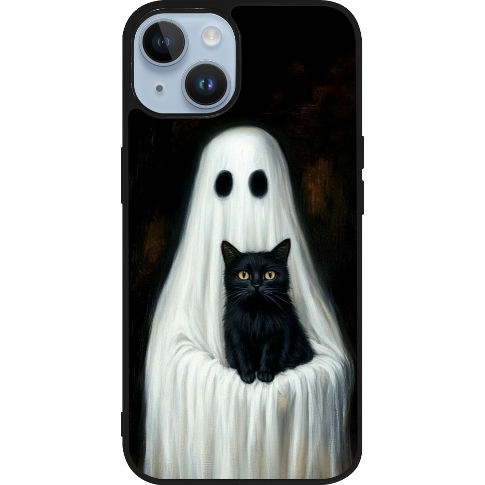 iPhone 15 Case Hülle - Silikon schwarz Halloween 2025 Ghost with black cat