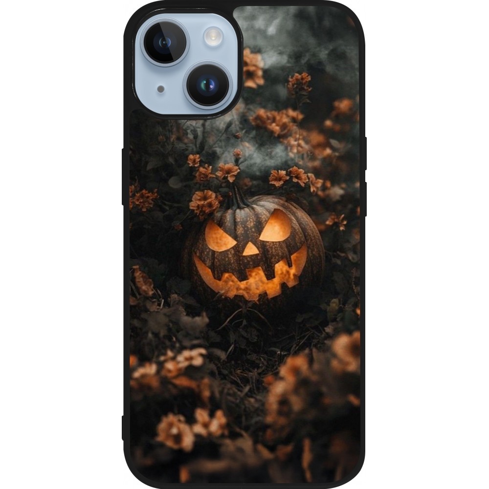 iPhone 15 Case Hülle - Silikon schwarz Halloween 2025 Pumpkin with flowers