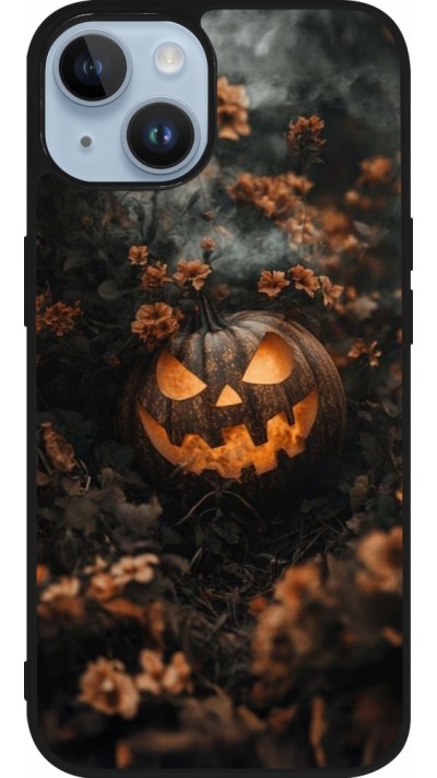 iPhone 15 Case Hülle - Silikon schwarz Halloween 2025 Pumpkin with flowers