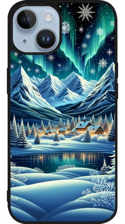 iPhone 15 Case Hülle - Silikon schwarz Verschneites Bergdorf am See in der Nacht