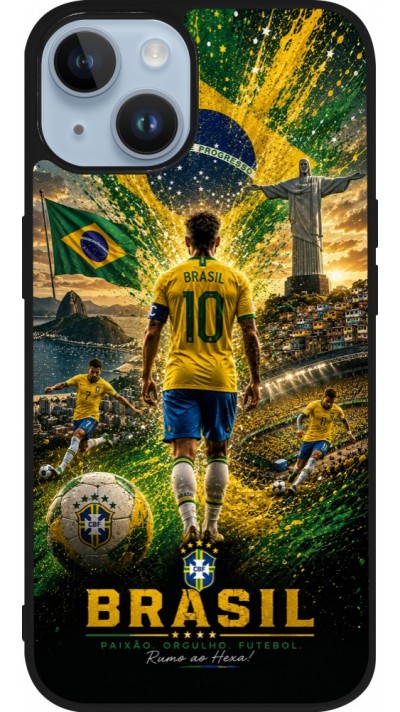 Coque iPhone 15 - Silicone rigide noir Football Brésil splash 2026