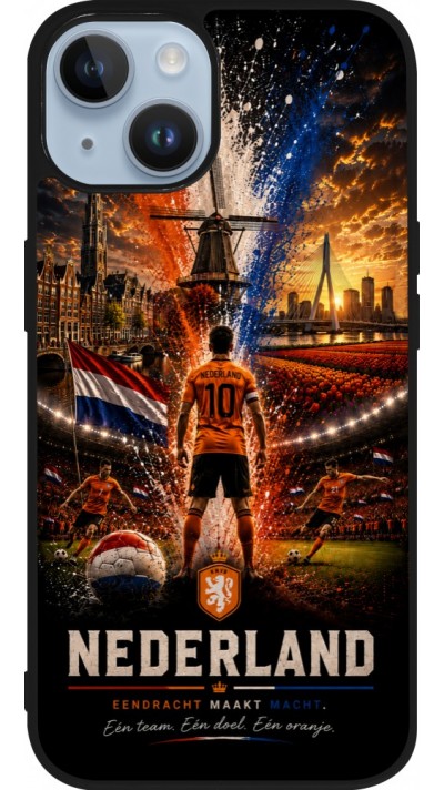 Coque iPhone 15 - Silicone rigide noir Football Pays-Bas splash 2026