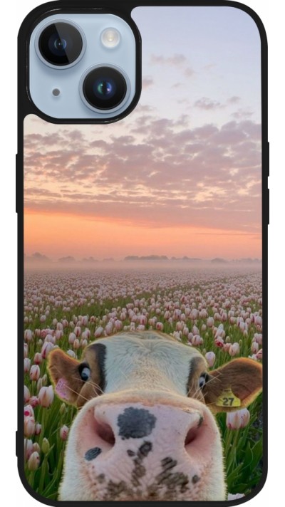 Coque iPhone 15 - Silicone rigide noir Cow with tulips Spring 2026