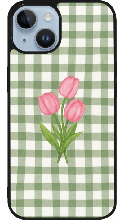 Coque iPhone 15 - Silicone rigide noir Green vichy tulips Spring 2026