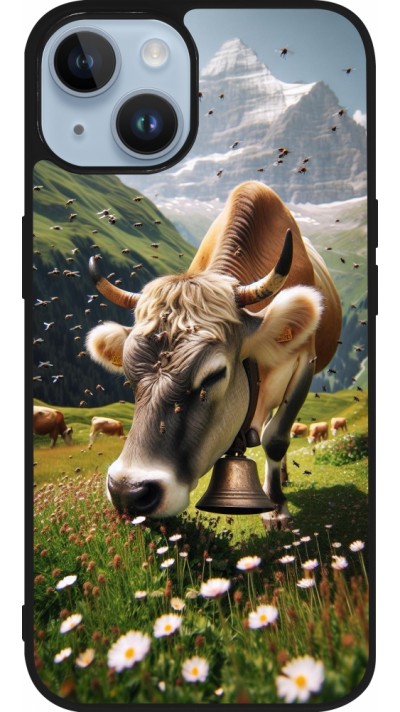 Coque iPhone 15 - Silicone rigide noir Vache montagne Valais