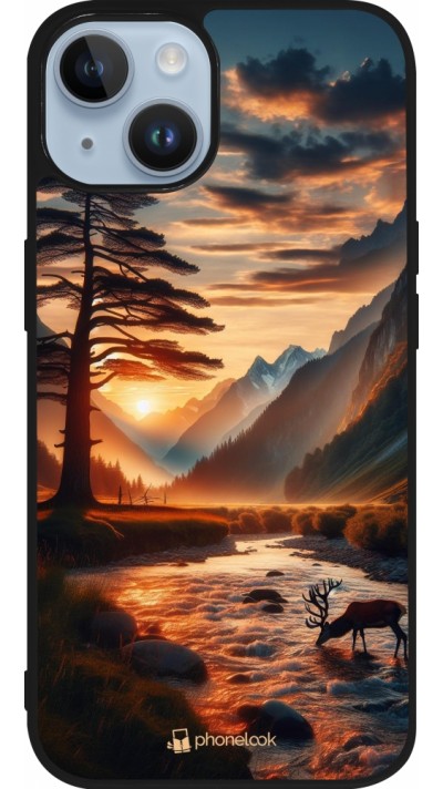 Coque iPhone 15 - Silicone rigide noir Valley Sunset Deer Tree