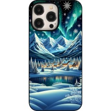iPhone 15 Pro Max Case Hülle - Verschneites Bergdorf am See in der Nacht