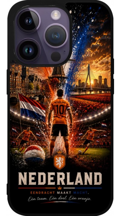Coque iPhone 15 Pro - Silicone rigide noir Football Pays-Bas splash 2026