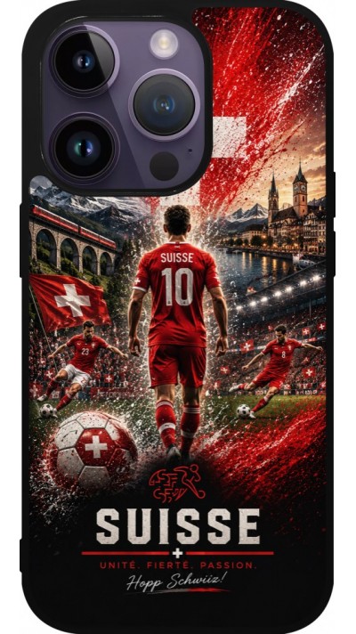 Coque iPhone 15 Pro - Silicone rigide noir Football Suisse splash 2026