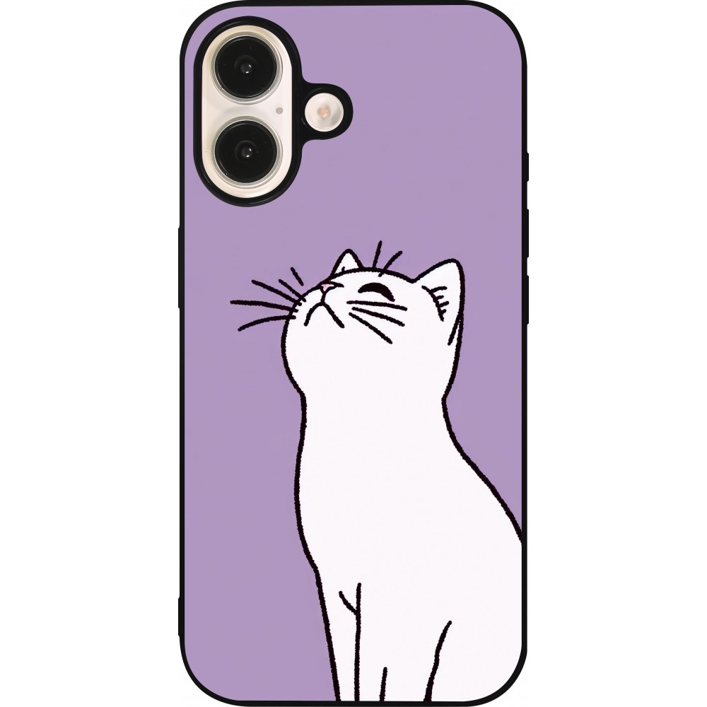 iPhone 16 Case Hülle - Silikon schwarz Chat auf lila Hintergrund