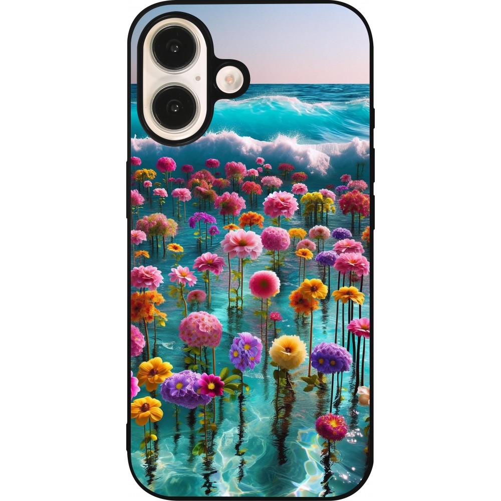iPhone 16 Case Hülle - Silikon schwarz Blumenmeer Wellen