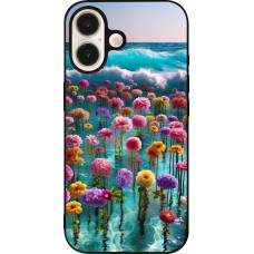 iPhone 16 Case Hülle - Silikon schwarz Blumenmeer Wellen