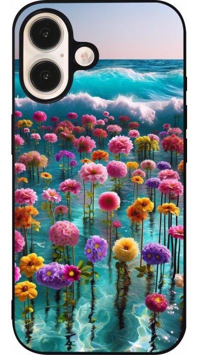 iPhone 16 Case Hülle - Silikon schwarz Blumenmeer Wellen
