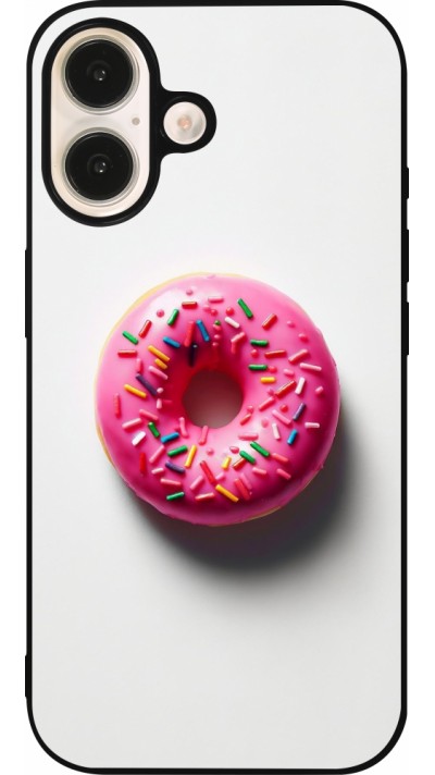 iPhone 16 Case Hülle - Silikon schwarz Weisser Hintergrund, pinker Donut