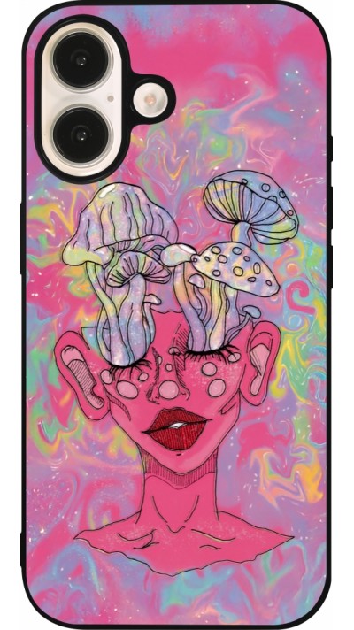 iPhone 16 Case Hülle - Silikon schwarz Psychedelic pink mushroom