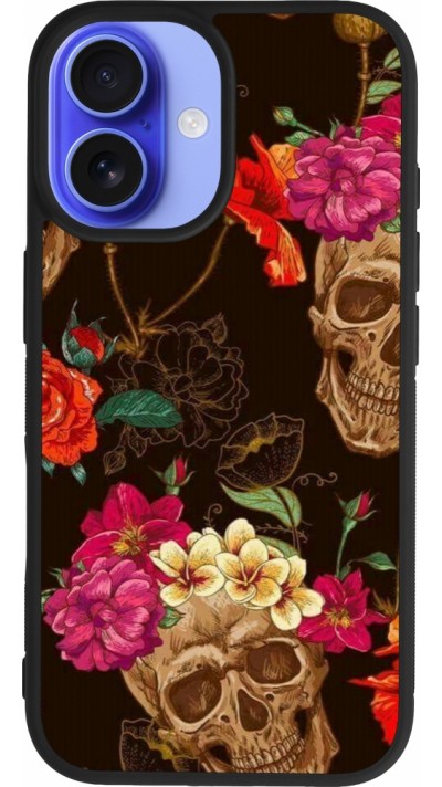 iPhone 16 Case Hülle - Silikon schwarz Skulls and flowers