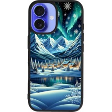 iPhone 16 Case Hülle - Silikon schwarz Verschneites Bergdorf am See in der Nacht